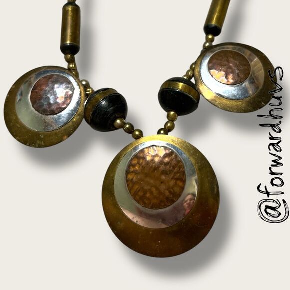 Hand Crafted Tribal-Inspired Necklace – Layered Copper & Silver Tone Discs - Picture 3 of 9